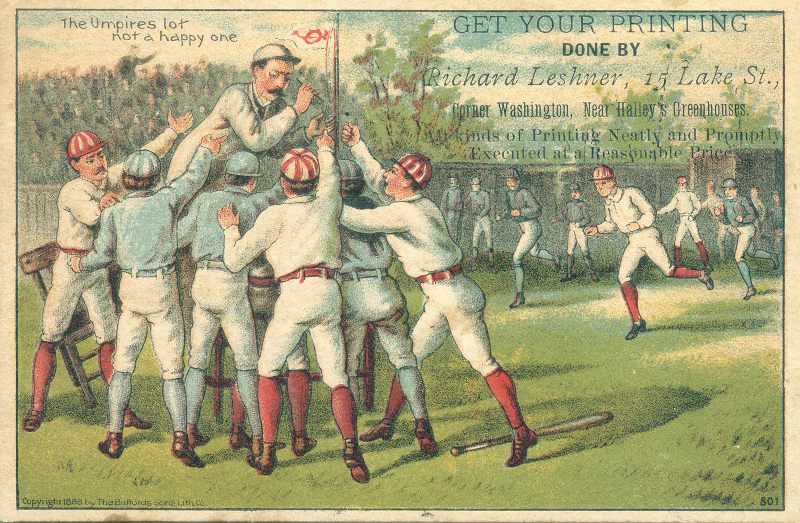 Umpire being attacked by unhappy players (but dressed well!) in a 1988 illustration. Image courtesy John Thorn.